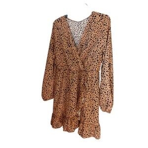 Shein Women Leopard Print Dress Size L Wrap Style Long Sleeve Ruffle Hem Mini